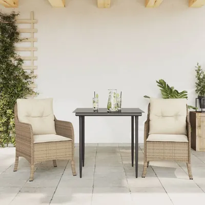 Produktbild von Design 3-tlg. Garten-Essgruppe mit Kissen Beige Poly Rattan, Gartenmöbel-Sets 2024 Neu