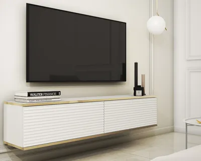 Zdjęcie produktu dla BETTSO Wisząca szafka RTV do salonu półka telewizyjna dwudrzwiowa nowoczesny stolik telewizyjny do salonu ORO 135 cm fronty listwowe biały