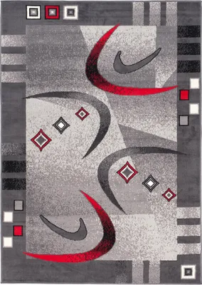 A modern abstract rug with geometric shapes and curved lines in shades of grey, red, and black.