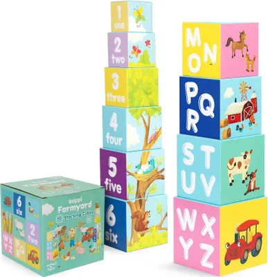 Produktbild von boppi Stapelwürfel Spielzeug mit Bauernhoftiere Buchstaben Zahlen, Montessori Würfel Stapelspielzeug ab 1 Jahr Stapelturm als Motorikspielzeug