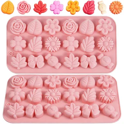 Immagine prodotto di Stampo in silicone a forma di fiori, 2 pezzi, colore rosa, con 18 cavità, ideale per cioccolato o per la preparazione di dolci