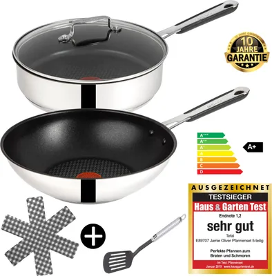 Produktbild von Tefal Jamie Oliver E30 J90928 Induktions-Pfannenset – 28cm Wok & 25cm Schmorpfanne mit Antihaftbeschichtung, Thermo-Spot, Edelstahl, Spülmaschinen