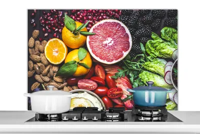 Produktbild von KitchenYeah®  Spritzschutz Küche - Küchenrückwand - Wandschutz für Herd und Spüle - Gemüse - Obst - Farben 100x65 - Alu-Dibond (Alternative zum Spritzschutz aus Glas) - Hitzebeständig - Herdspritzschu