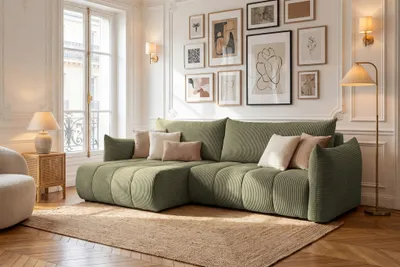 Productafbeelding van Eckbank met slaapfunctie, model ONTARIO, bekleed met stof Poso in olijgroen, met een chaise longue aan de linkerkant