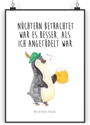 Produktbild von Mr. & Mrs. Panda Bild Pinguin Bier DIN A3 - Weiß - Geschenk, Wandbild, Feierabend, typografie poster, , Angetüdelt, Kunstdruck, wanddeko, drucke, Beschwippst