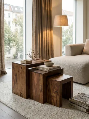 Produktbild von 3er Set Satztisch Massiv-Holz Sheesham Wohnzimmer-Tisch Landhaus-Stil Beistelltisch dunkel-braun Naturholz