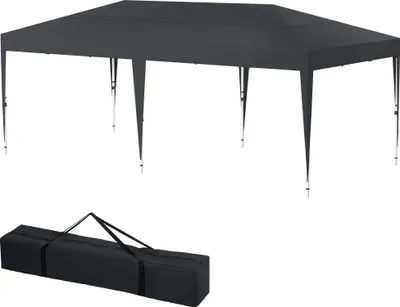 A gray pop-up canopy tent and its carrying bag are displayed against a white background.
