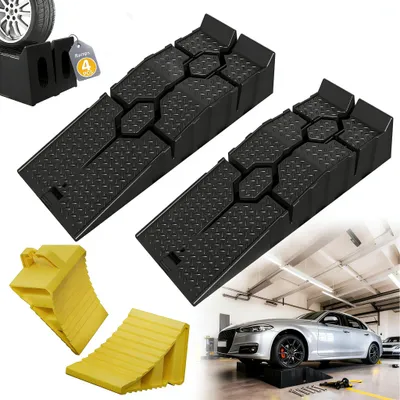 Image de LARS360 : jeu de 4 rampes d'accès + 4 cales de roue, en plastique PP, antidérapantes, capacité de charge de 5 t, jeu de cales de roue pour voitures, camping-cars et remorques – jaune + noir