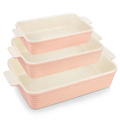 Image de MALACASA, ensemble de moules en porcelaine, 3 pièces : moule à gâteau, moule à pain, plat à gratin, moule pour four, couleur rose