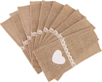 Obrázek produktu pro 10ks Juta Krajka příbory držák Burlap nůž vidlička kapsa pouzdro pro svatbu Vánoční strana DecorCutlery držák Původní barva s tvarem srdce