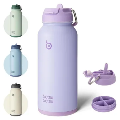 Produktbild von Edelstahl Trinkflasche 1L mit Strohhalm Thermoskanne Sport Auslaufsicher Isolierflasche Hellviolett Pillendose