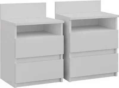 Two white bedside tables are shown side-by-side against a white background.
