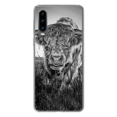 Produktbild von MuchoWow® Handyhülle Schutzhülle Hülle für Huawei P30 Schottischer Highlander - Schwarz und Weiß Silikon Softcase Handy Hülle - Kartenbesitzer