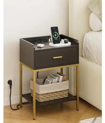 Image de Table de chevet à 3 niveaux avec tiroir et étagère, table d'appoint pour chambre à coucher ou salon, noire avec prise électrique