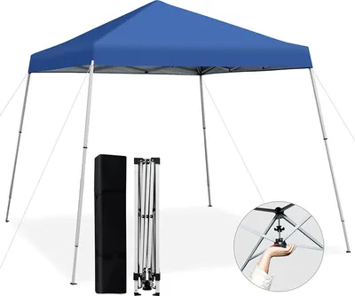 A blue pop-up canopy tent is shown fully assembled, with its folded frame and carrying bag displayed next to it. A close-up inset shows a hand adjusting a mechanism on the frame.