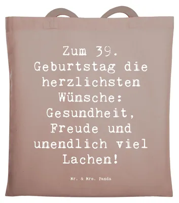 Produktbild von Mr. & Mrs. Panda Tote Bag Spruch 39. Geburtstag Wünsche - Braun Pastell - Geschenk, festivaltasche, Tasche, Feiern, Schultasche, Alter, Shopping, Freude, Laptoptasche
