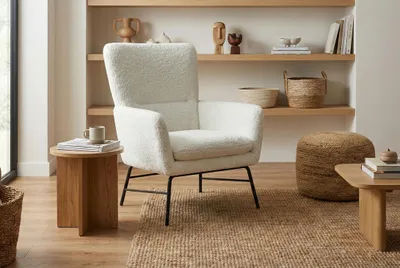 Image de Fauteuil moderne Breeze blanc, fauteuil rembourré avec pieds en métal, pour le salon et la chambre à coucher