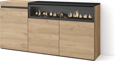 Image de COZY Buffet salon et cuisine, 150x35x75cm, 3 Portes, Cheminée électrique, Chêne et noir