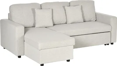Produktbild von Ecksofa mit Bettfunktion, Eckcouch inklusive 2er-Sitz Sofa, Einzelbett, L-Form mit Stauraum, 2 Kissen Cremeweiß