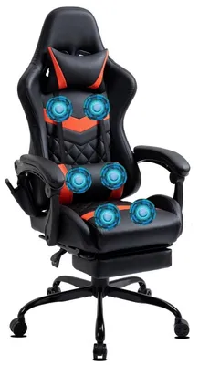 A black and orange gaming chair with blue circular accents on the backrest and seat, and a footrest extended.