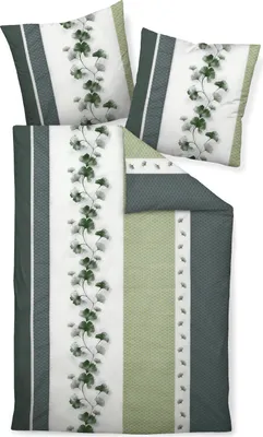 A bedding set including a duvet cover and two pillowcases, laid out flat.