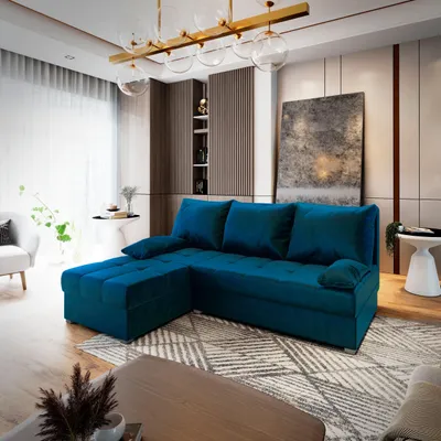 Produktbild von Masseno Ecksofa RITA mit Schlaffunktion L-Form, Sofa mit Bettkasten, Wohnzimmersofa, Couch, Soffa, Bettsofa, Couchgarnitur- Blau, KRONOS 09