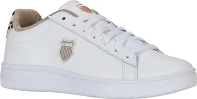 A single white K-Swiss sneaker with tan and brown accents is shown against a white background.