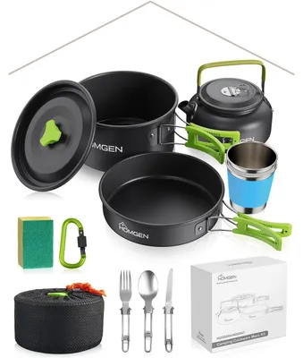 Immagine prodotto di Set di pentole e accessori da campeggio in alluminio antiaderente, colore verde, per 1-2 persone