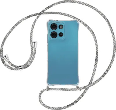Produktbild von Handykette Backcover-Schutzhülle mit Band (Metall silberfarben) für Motorola Moto G75 5G - weiß/grau kariert