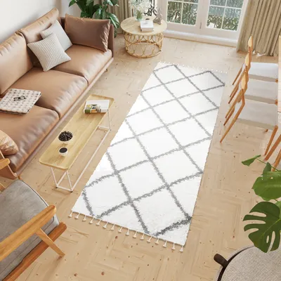 Image de Tapis de couloir Tapis à poils longs Moderne Pont Salon Chambre Design Crème Gris Foncé Franges 100 x 400 cm