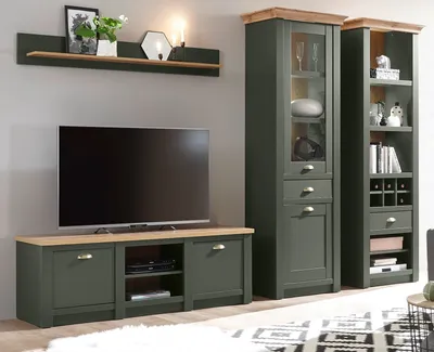 Produktbild von Wohnwand "Norwich" grün Eiche Landhaus Schrankwand 4-teilig 308 x 207 cm