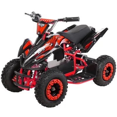 A black and red electric quad bike for children, shown from a three-quarter angle against a white background.