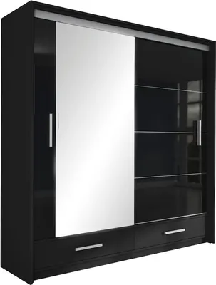 Produktbild von Furniture24 Kleiderschrank MARSYLIA 203 Schlafzimmer 2 Türiger Schwebetürenschrank Schrank mit 2 Kleiderstangen 6 Einlegeboden und Spiegel Schiebetür Schwarz/Schwarz Glanz