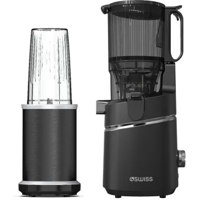 A black slow juicer and a black blender are displayed side-by-side against a white background.