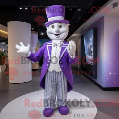 Produktbild von Maskottchenfigur REDBROKOLY eines Zirkusdirektors in Lavendel bekleidet mit einem Etuikleid und Manschettenknöpfen