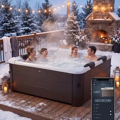 Produktbild von Miweba MSpa Outdoor Whirlpool Frame Tribeca | 6 Personen - App Steuerung - Holzoptik - Feste Außenwand - Jacuzzi - UVC+ - Winterfest - 160x160x65cm