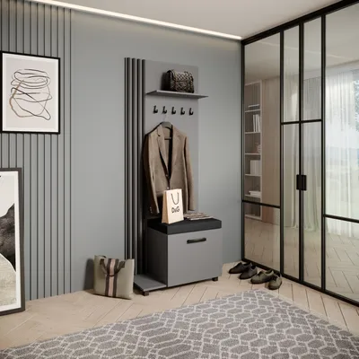 Image de Armoire LIVIA - Armoire haute avec cintres, armoire à chaussures, graphite, lamelles noires, coussin d'assise noir, gauche