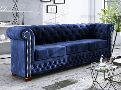Produktbild von S-STYLE MÖBEL - Chesterfield Jutta Sofa 3-Sitzer aus Marineblau Samt-Stoff mit Holzfüßen, B/T/H: 203 cm/ 86 cm/ 72 cm