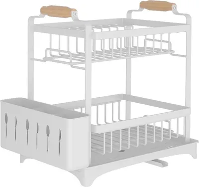 Obrázek produktu pro Dvoupatrový odkapávací koš na nádobí, úložný prostor na příbory do kuchyně, dvoupatrový, 362 x 637,5 cm, bílý koš na příbory s prostorem na talíře, šálky a misky