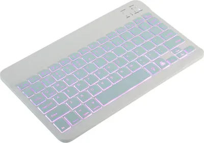 A white wireless Bluetooth keyboard with colorful backlighting is shown from a top-down diagonal angle against a white background.