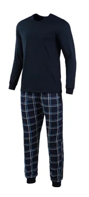 Produktbild von HEYO Herren Schlafanzug aus Baumwolle Pyjama Lang mit Bündchen Zweiteiliger Set Langarm Shirt mit Langer Hose kariert Blau L
