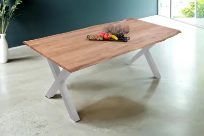 Produktbild von Baumkantentisch 240 x 100 cm Dana, massiver Esstisch Eiche, Esszimmertisch mit X-Gestell aus Metall Silber, echte Baumkante, pflegeleichter Holztisch