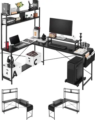 Produktbild von VEVOR Gaming Tisch L-Form 1,7 m, Gamertisch mit Monitorständer & Verschiebbarem CPU-Ständer, Ecktisch 68 kg Tragfähigkeit, Eckschreibtisch Computertisch, Arbeitsstation für Homeoffice