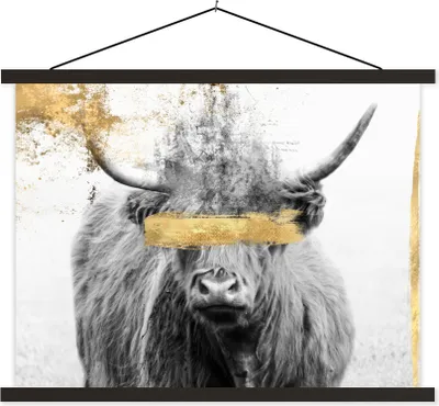 Produktbild von MuchoWow® Textilposter Schottisches Hochlandrind - Gold - Schwarz - Weiß 60x45 cm mit schwarzem Rahmen - Poster Schlafzimmer