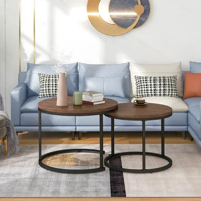 Image de okwish Lot de 2 tables basses rondes gigognes pour salon, tables d’appoint modernes, couleur bois naturel
