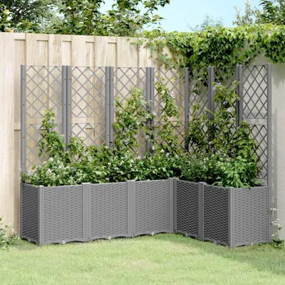 Produktbild von Pflanzkübel aus Polypropylen mit Rankgitter und modularem Design, Pflanzkasten für den Außenbereich, Blumenkasten mit Rankgitter, Hochbeet mit Rankgitter, Hellgrau, 160x120x140 cm