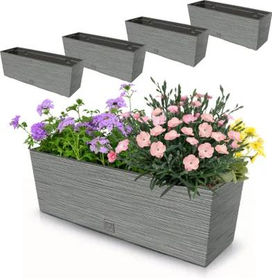 Produktbild von 4 Stck. Blumenkasten Meißel Balkonkasten Pflanzkasten Grau 18L 58 cm mit Topf Einsatz 12L Pflanzkübel Einzigartiger Blumentopf Kunststoff Selbstbewässernd Drainageloch