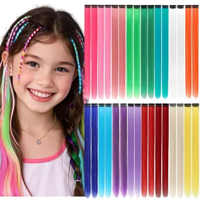 Immagine prodotto di Extensioni per capelli colorate, da applicare con clip, confezione da 32 pezzi, lunghezza 55 cm, resistenti al calore fino a 160°C
