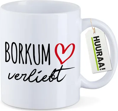 Produktbild von Huuraa Kaffeetasse Borkum verliebt 330ml Weiß Keramik Kaffeebecher Geschenkidee