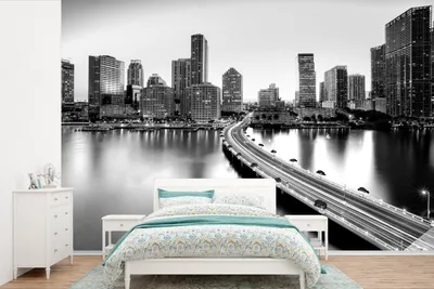 Produktbild von MuchoWow® Fototapete für Wohnzimmer oder Schlafzimmer Wandtapete Vinyl Motivtapete Beleuchtete Brücke zum amerikanischen Miami - schwarz und weiß - 600x400 cm - Vinyltapeten